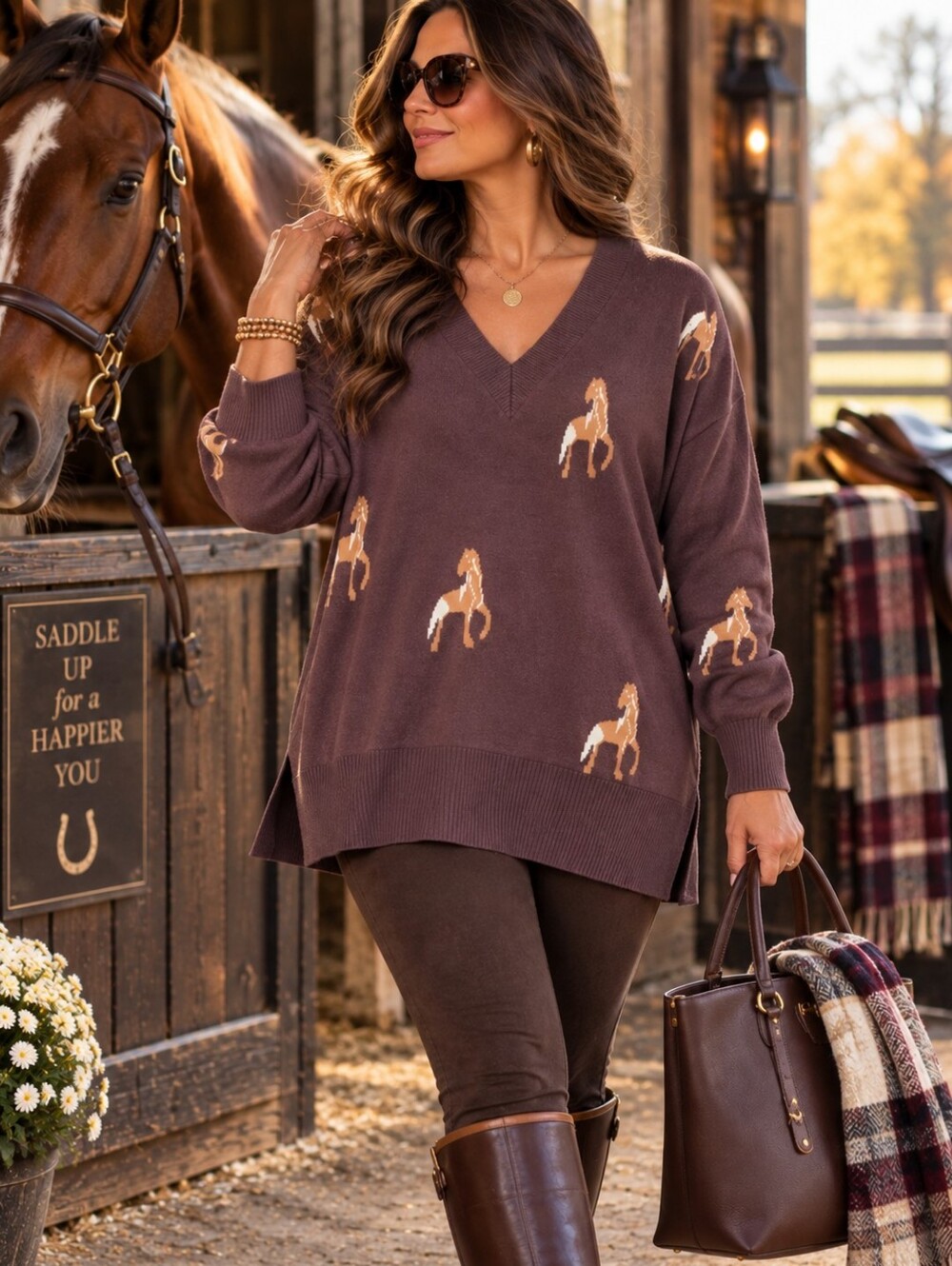 Philosophy Woman 1X Horse Print V-Neck Sweater NWT Plus Size Equestrian